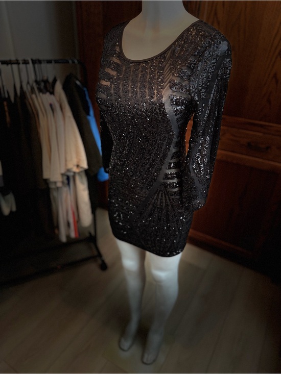 Obsession Dresses & Skirts - Black Sequin Sheer-Panel Long Sleeve Mini Dress